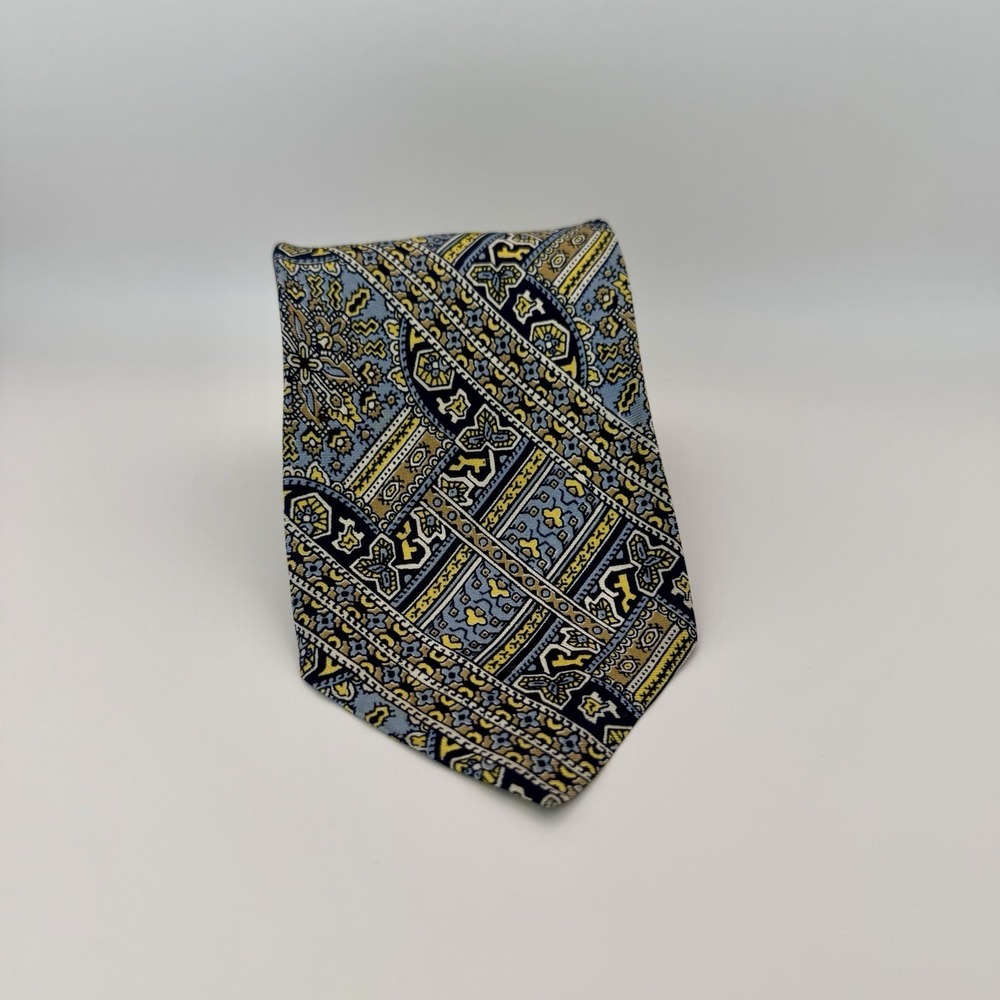 Vtg Yves Saint Laurent Silk Tie Geometric Pattern Blue/Yellow 3.5"x56" Preppy